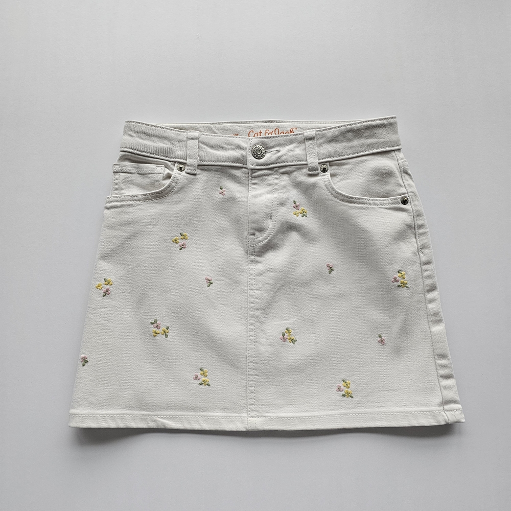 Cat & Jack White Demin Skirt With Soft Pastel Floral Embroided Flowers - Size 8